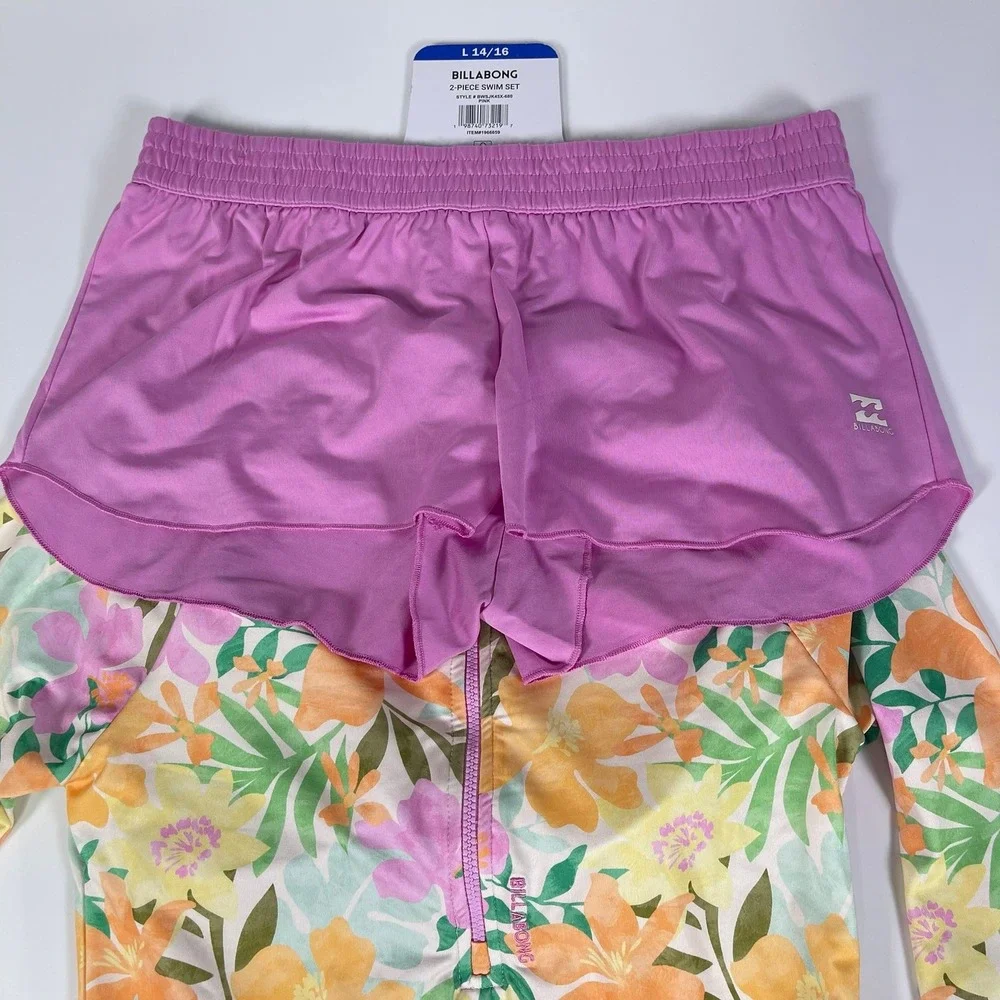 Billabong Girls Floral Long Sleeve Rashguard One-Piece & Shorts Swim Set L 14/16